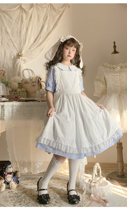 Lolita Dress White Apron Dress Cotton Suspender Skirt 36554:518664