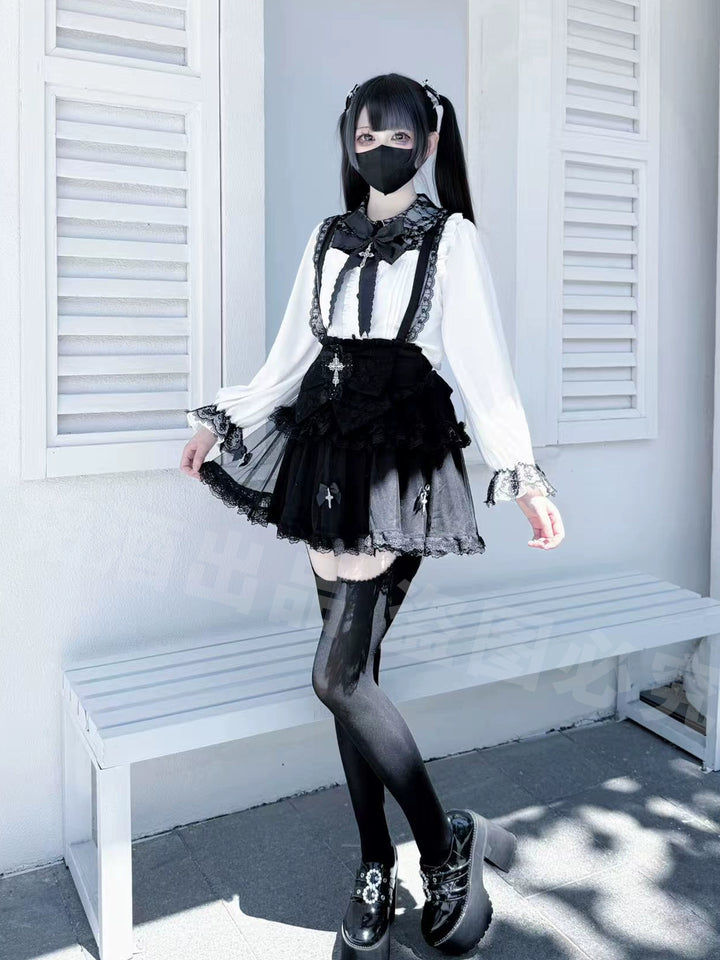 Plus Size Jirai Kei Cross Skirt Set, Detachable Suspender 43761:784552