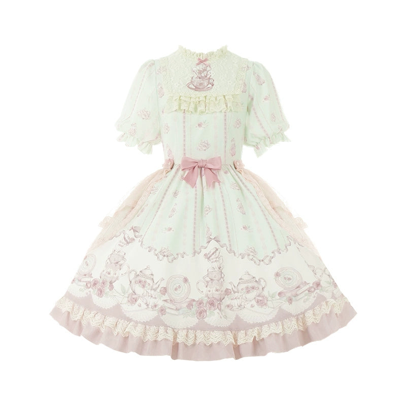 Classic Lolita Dress With Short Sleeve And Floral Tea Pot Print Multicolor 37134:552414