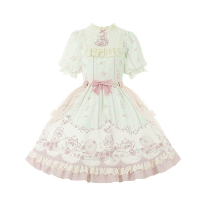 Pink Blue Lolita Dress Short Sleeve Lolita Dress Floral Tea Pot Print (L M S) 37134:552414