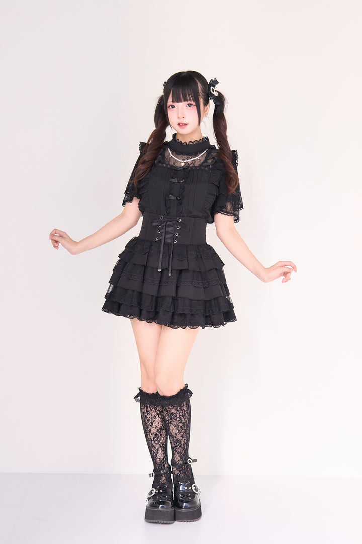 Jirai Kei Pearl Necklace Blouse & Lace-up Cake Skirt Set 43019:765668