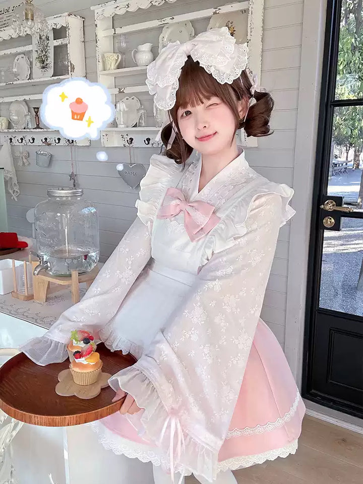 Kawaii Outfit White Maid Blouse And Pink Skirt With Apron 42283:735273