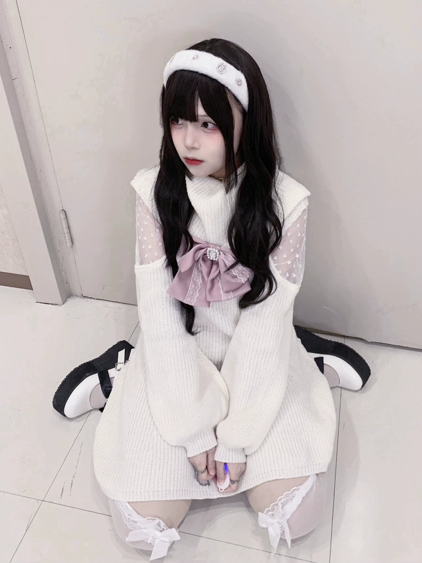 Jirai Kei White Sweater Dress Off-Shoulder Lace Dress 31844:372132
