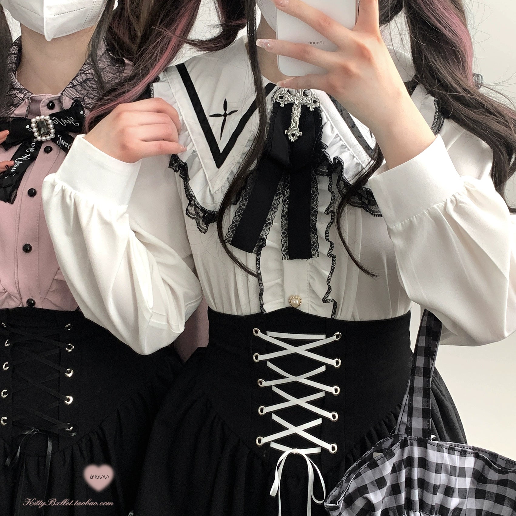 Jirai Kei Blouse Sailor Collar Shirt Cross Lace Long Sleeve Blouse 36780:537386