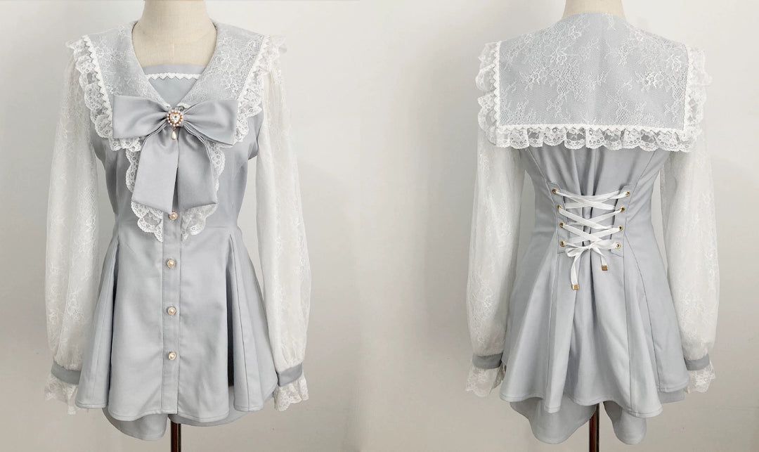 Jirai Kei Set Up Lace Sailor Collar Dress Gray Blue Dress 37638:566974 37638:566974