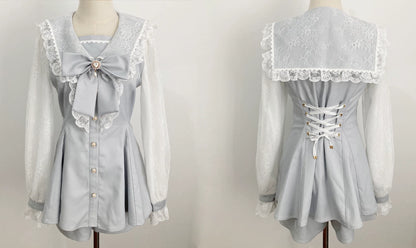 Jirai Kei Set Up Lace Sailor Collar Dress Gray Blue Dress 37638:566974