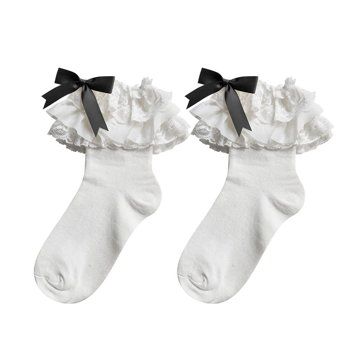 Lolita Socks Layers Lace Frill Cotton Mid-Calf Socks With Bows 42243:733462