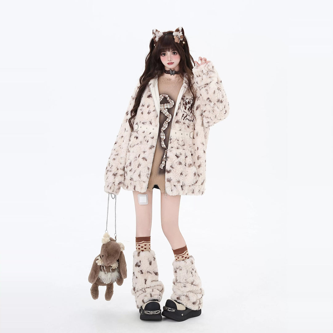 Jirai Kei Fleece Coat Leopard Print Hooded Jacket 40746:677838