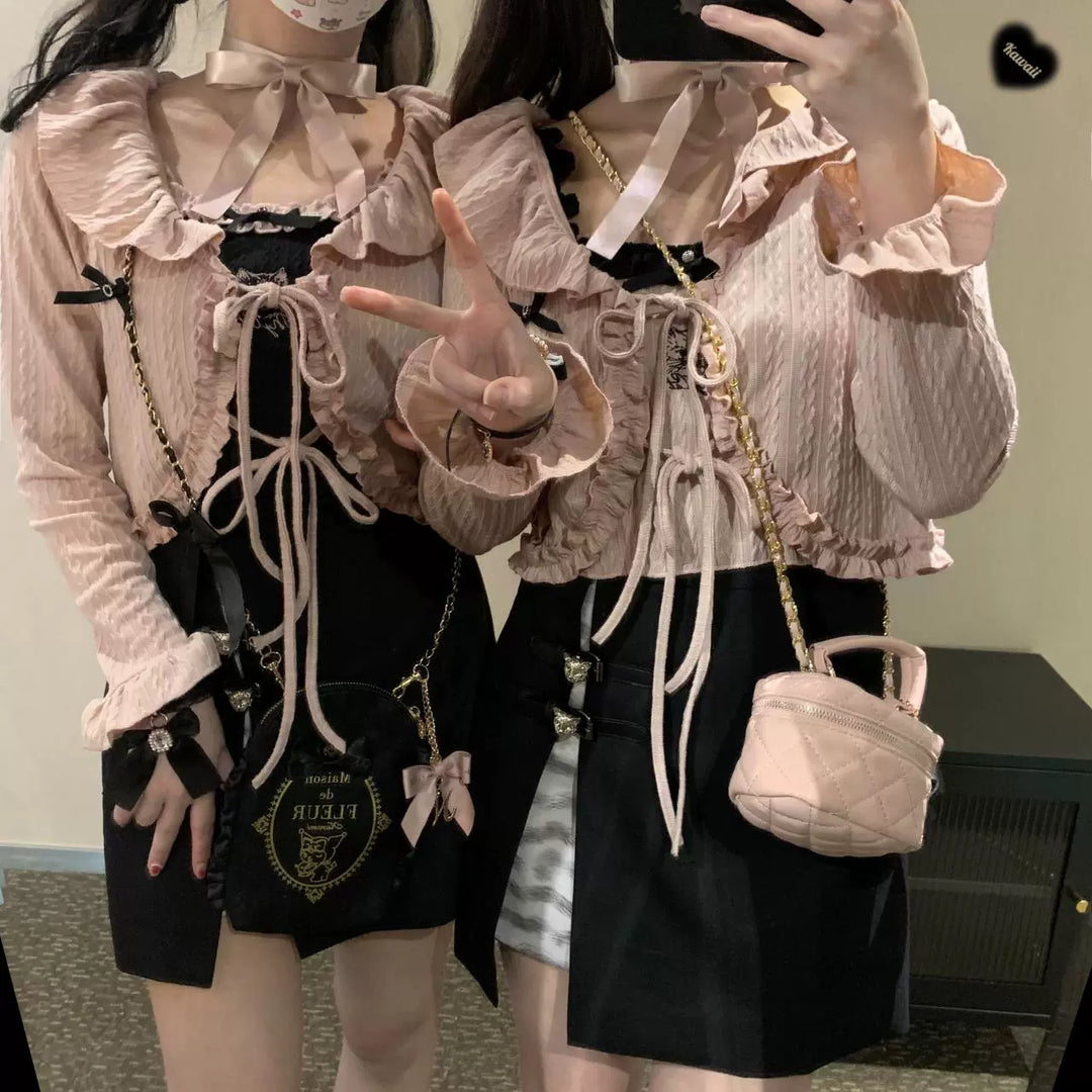 Kawaii Pink White Bow Lace Up Cardigan 21794:318656