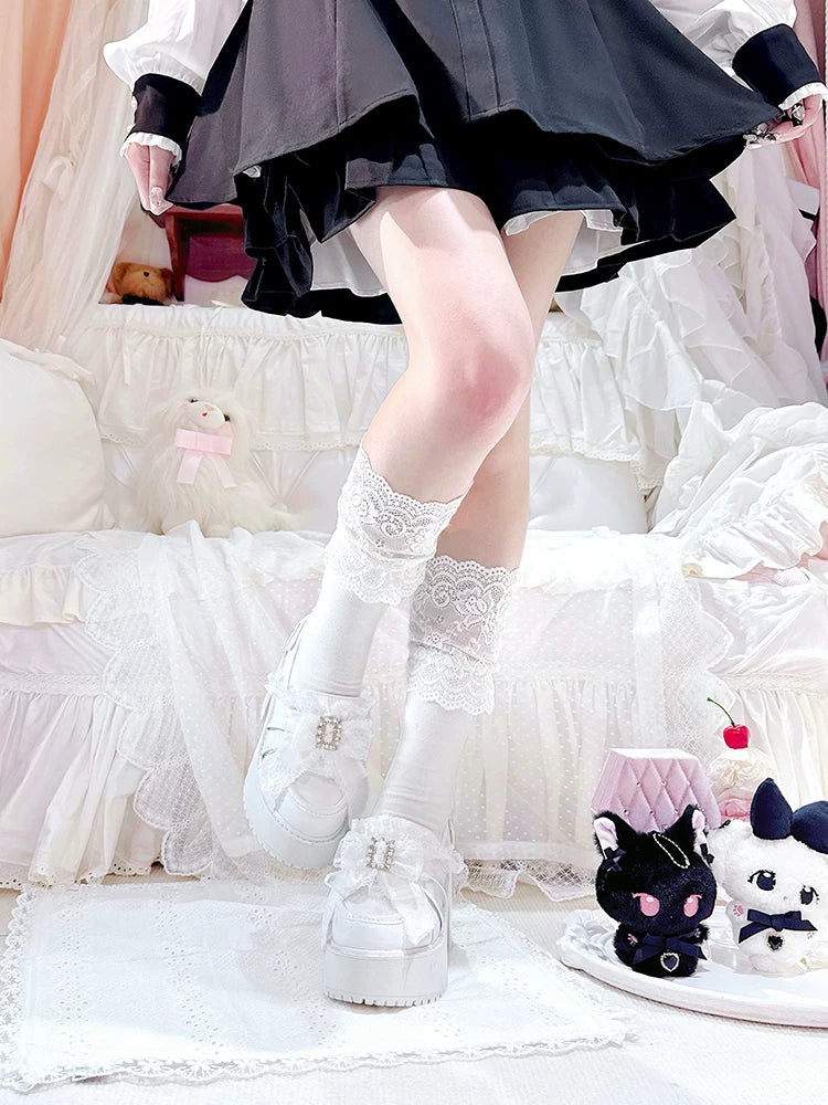 Black/White Jirai Kei Platform High Heel Shoes, Lace Bow 45952:872980