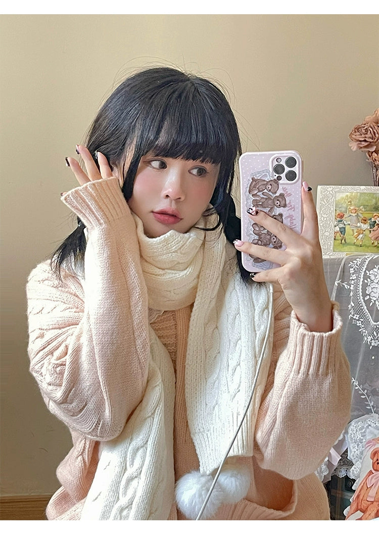 Kawaii Scarf Knitted Neck Warmer With Cute Ball 39340:620262