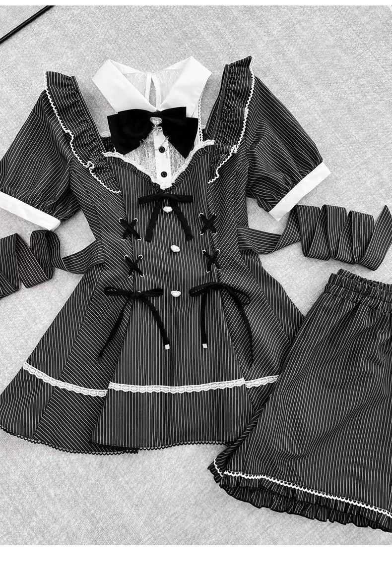 Jirai Kei Set Up, Striped Open-Shoulder Dress + Elastic Shorts 43545:779000