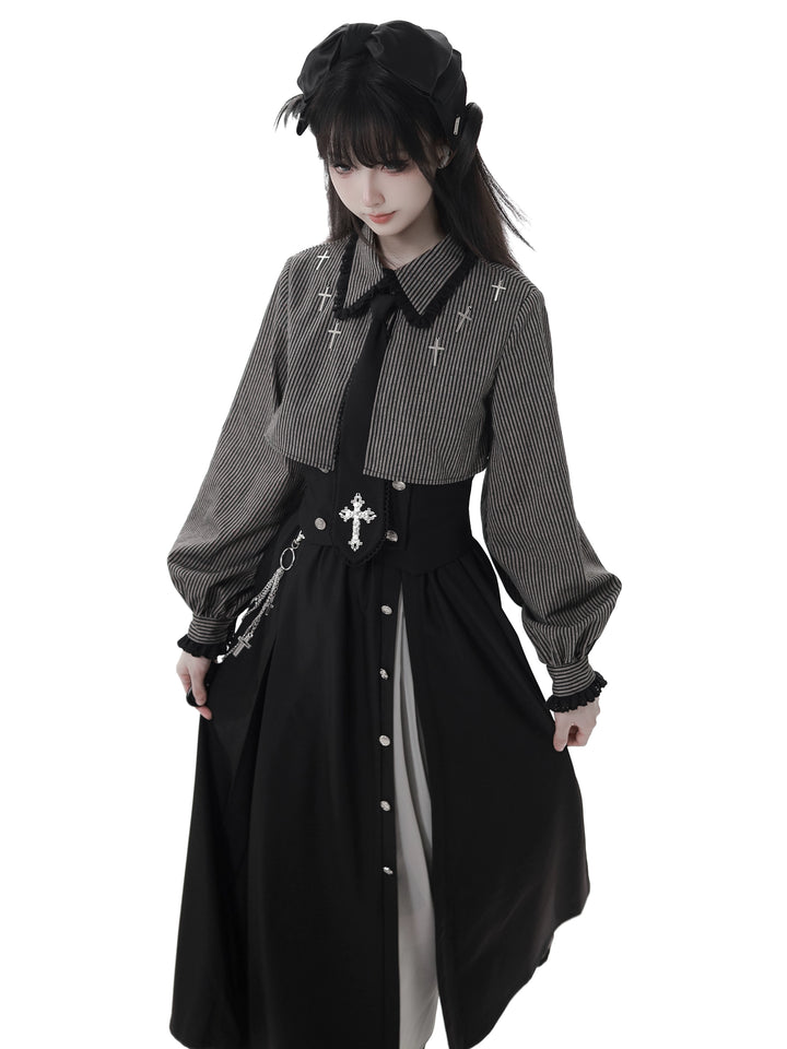 Gothic Striped Blouse and Black Skirt Set 44172:800251