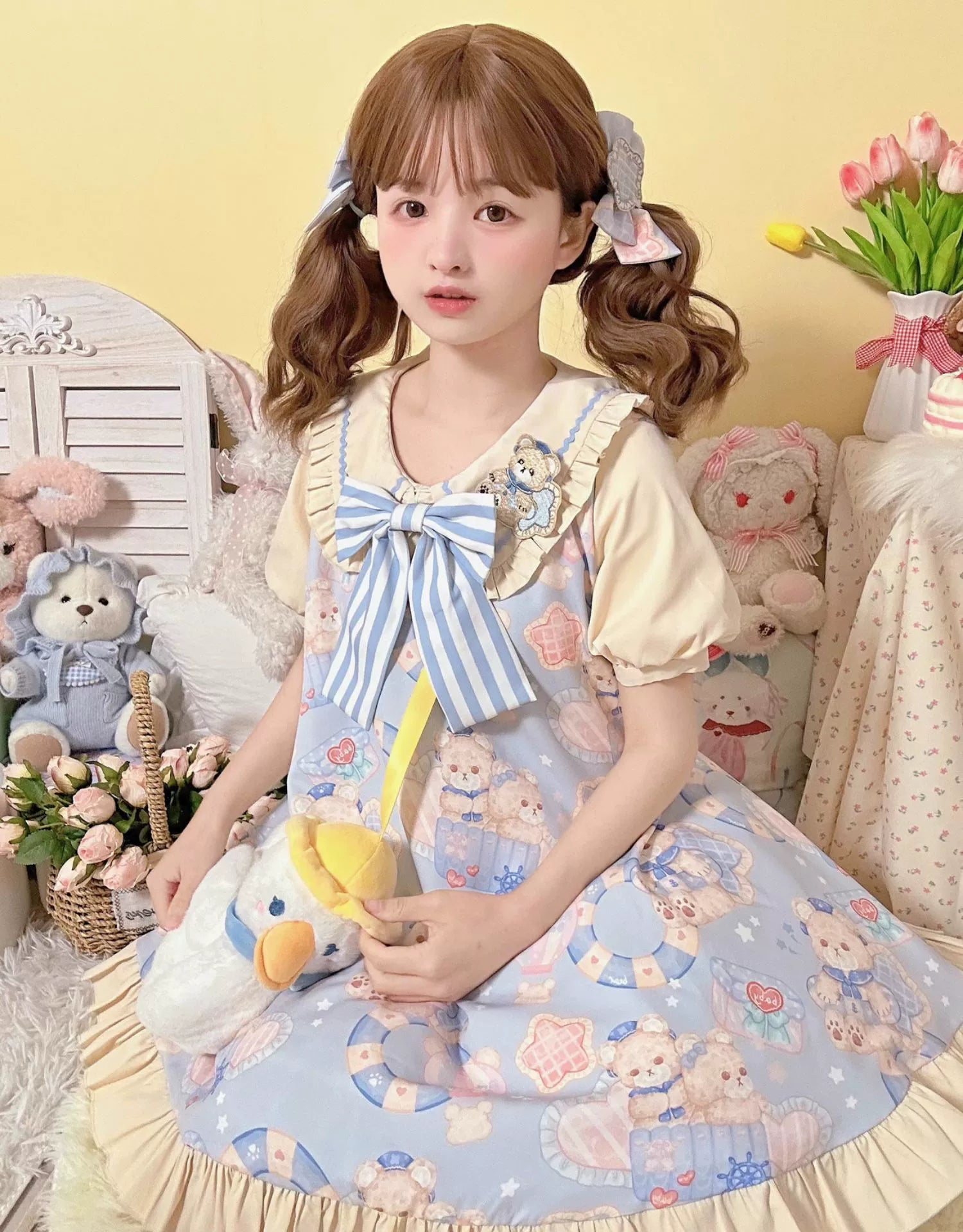 Sweet Lolita Dress Bear Print Jumper Dress Kawaii Salopette 37288:555376