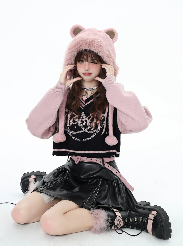 Y2K Sweater Gyaru V-neck Black-Pink Sweater For Winter 41790:713710