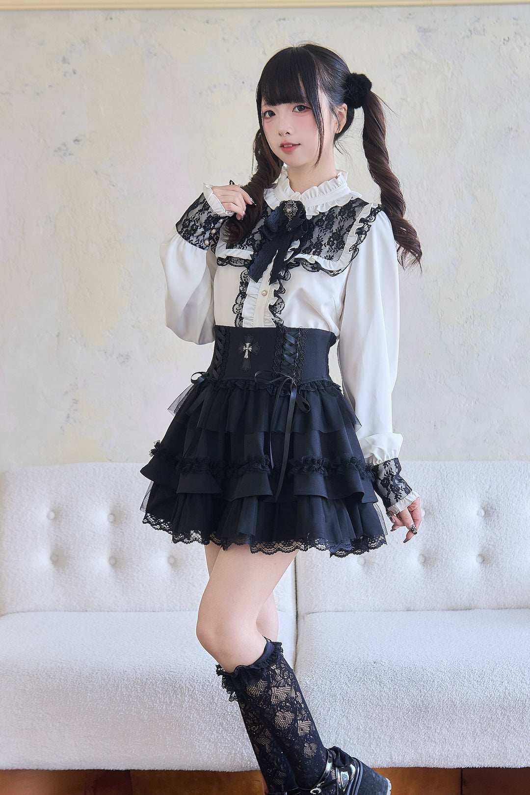 Jirai Kei Blouse Stand Collar Ruffle Shirt Black Layered Skirt 41986:721408