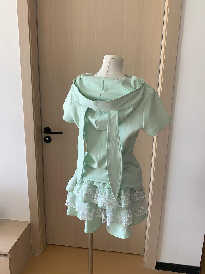 Bunny Eared Kawaii Outfit, Zip-Up Sweatshirt + Lace Skirt 43558:779750