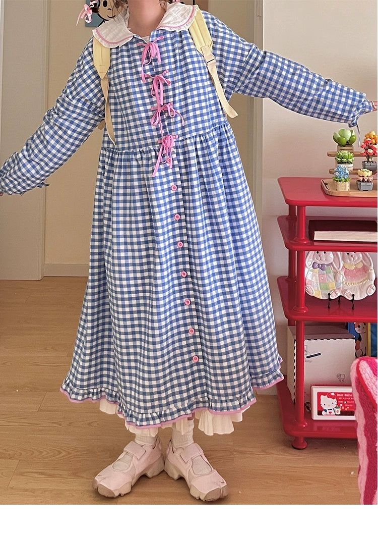 Oversized Mory Kei Dress Plaid Long Sleeve Dress Sweet Dress 36168:517288