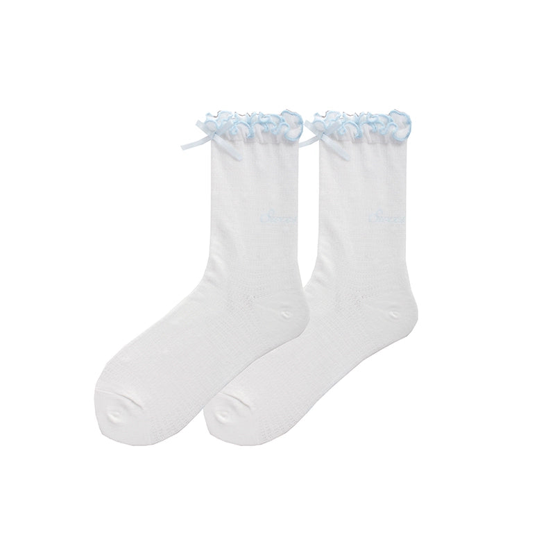 Lolita Socks Double Ruffle Trim Socks Bow Mid-Calf Socks 36566:610090