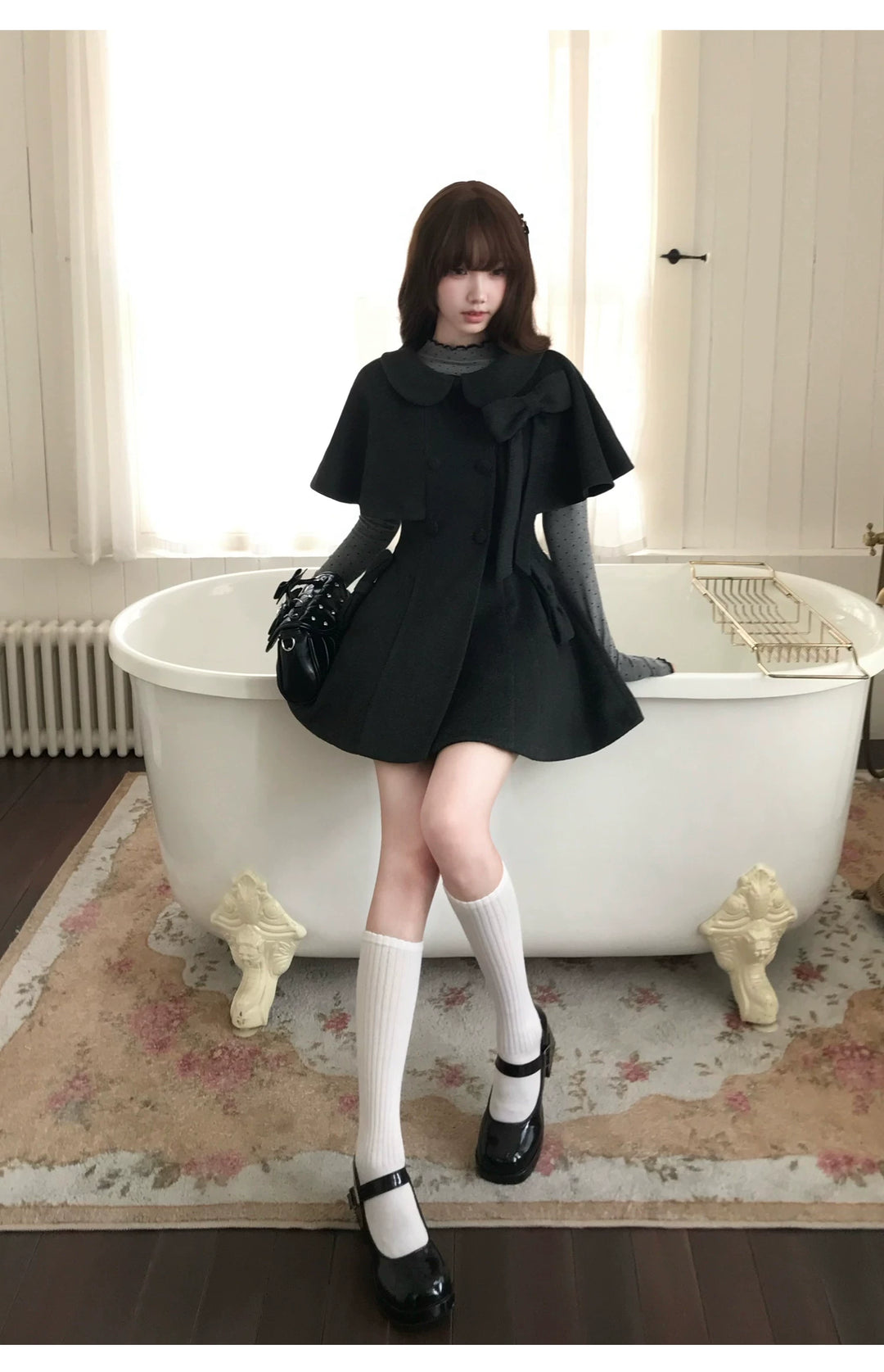 Autumn Cape Style Waist-Cinched Coat, Polka Dot Blouse 46011:872027