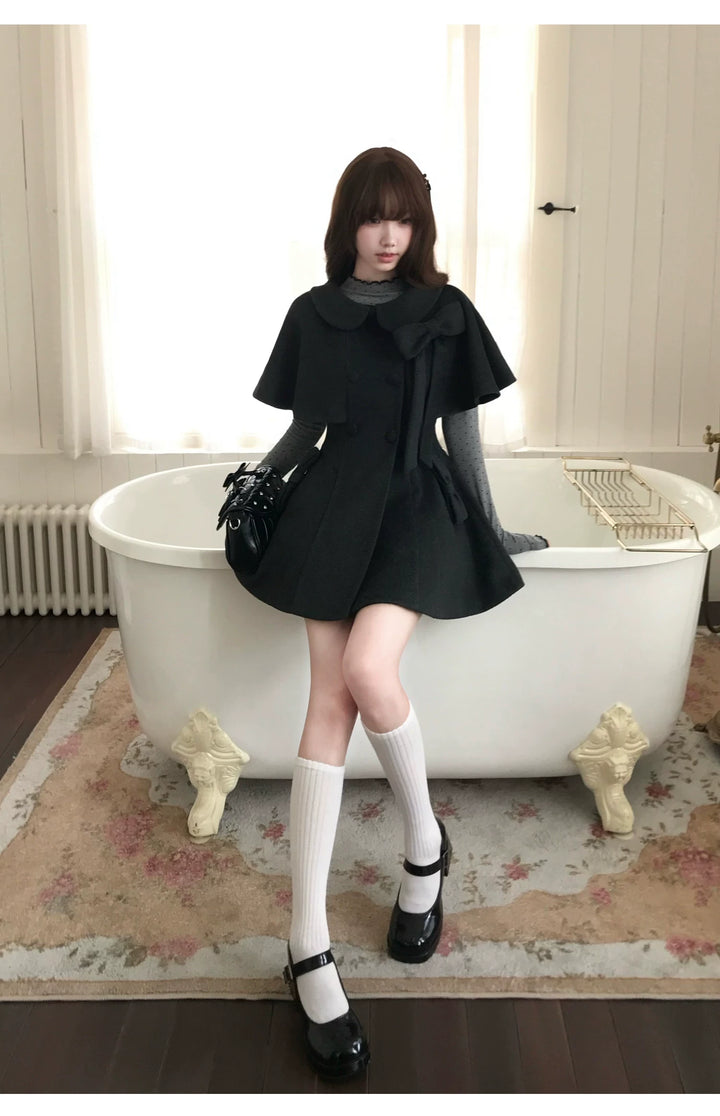 Autumn Cape Style Waist-Cinched Coat, Polka Dot Blouse 46011:872027
