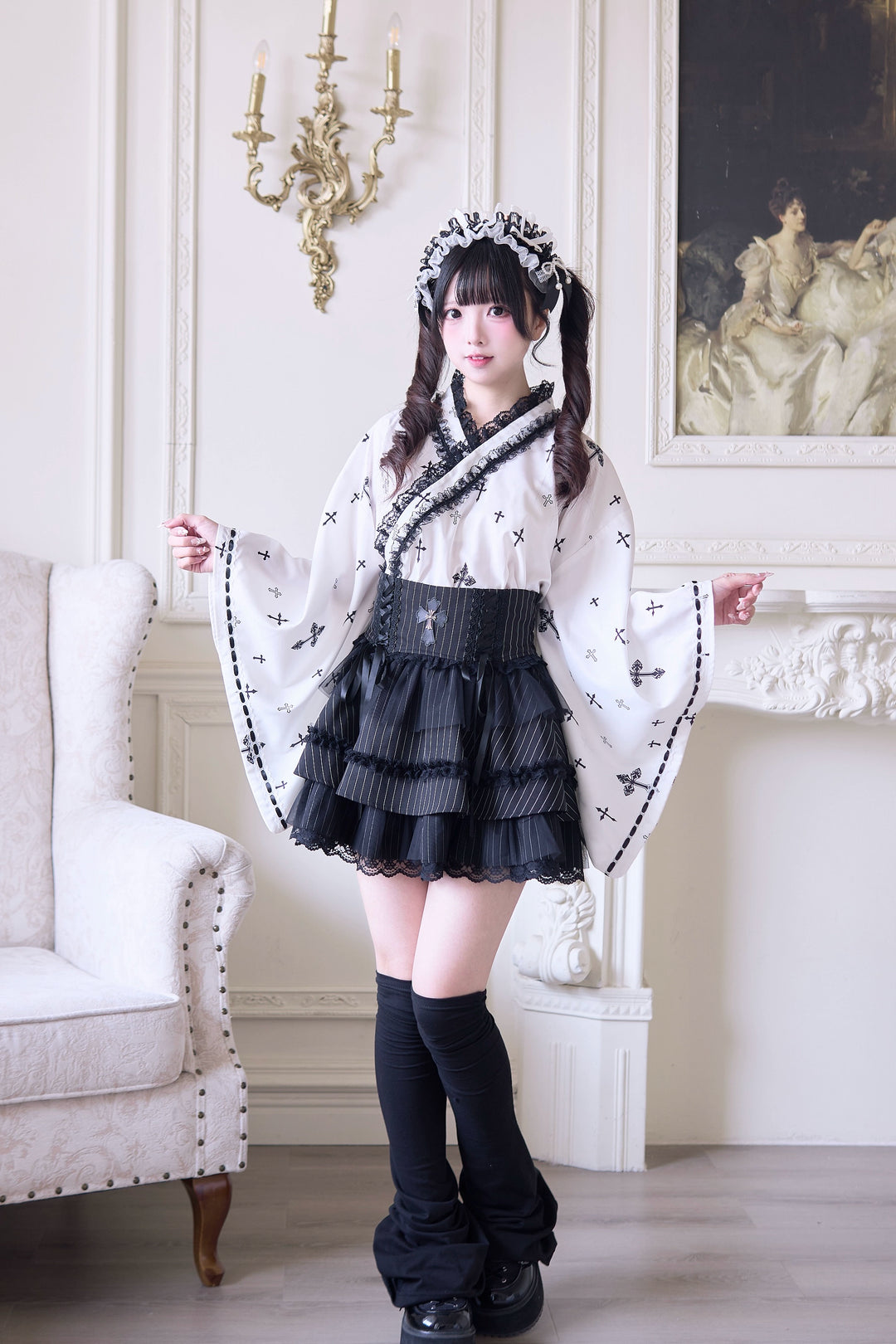 Wa-Style Jirai Kei Kimono Blouse + Ruffle SKirt + Wide Obi Belt 42799:753797
