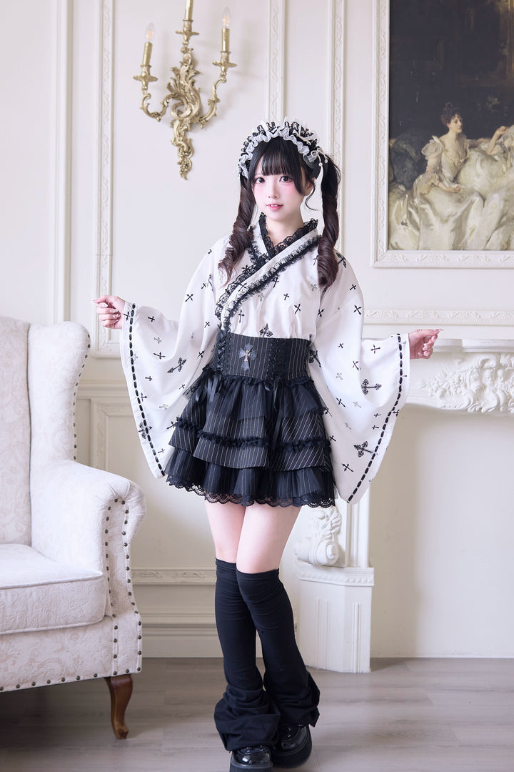 Wa-Style Jirai Kei Kimono Blouse + Ruffle SKirt + Wide Obi Belt 42799:753797