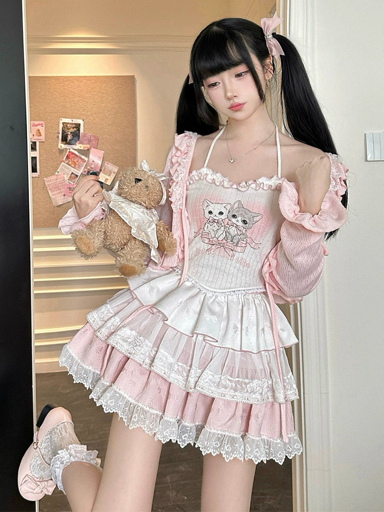 Ryousangata Skirt Set Pink Cardigan White Straps Top 37008:548380