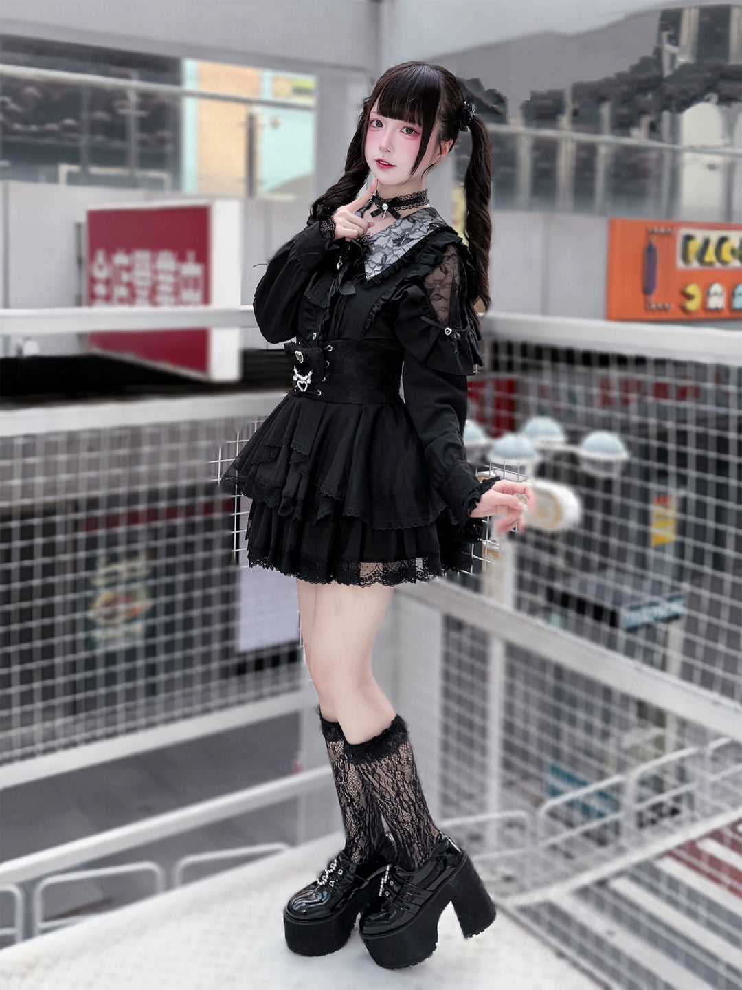 Jirai Kei Long Sleeve Blouse, Lace Open-Shoulder 44588:815058