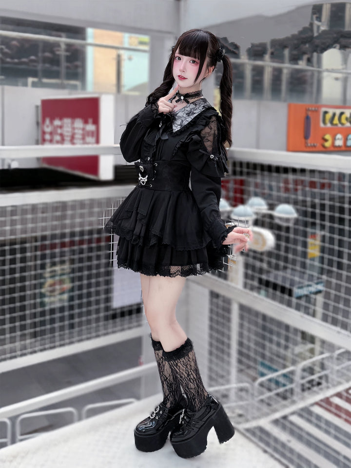 Jirai Kei Long Sleeve Blouse, Lace Open-Shoulder 44588:815058