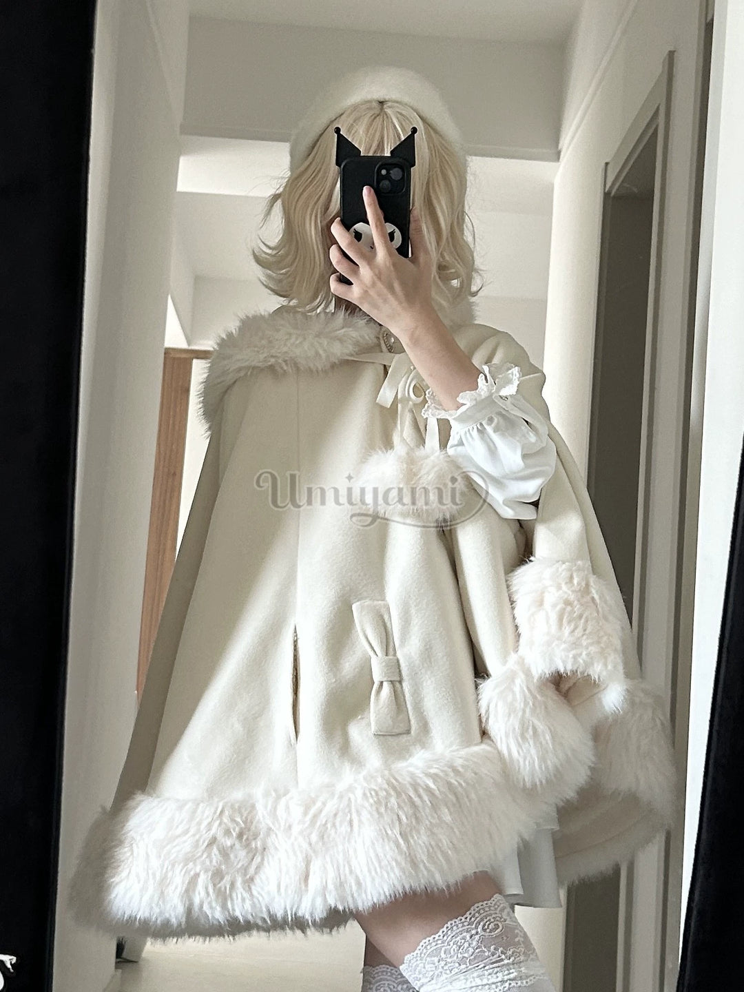 Jirai Kei Coat Bunny Ears Plush Collar Winter Hooded Cape 41894:717478