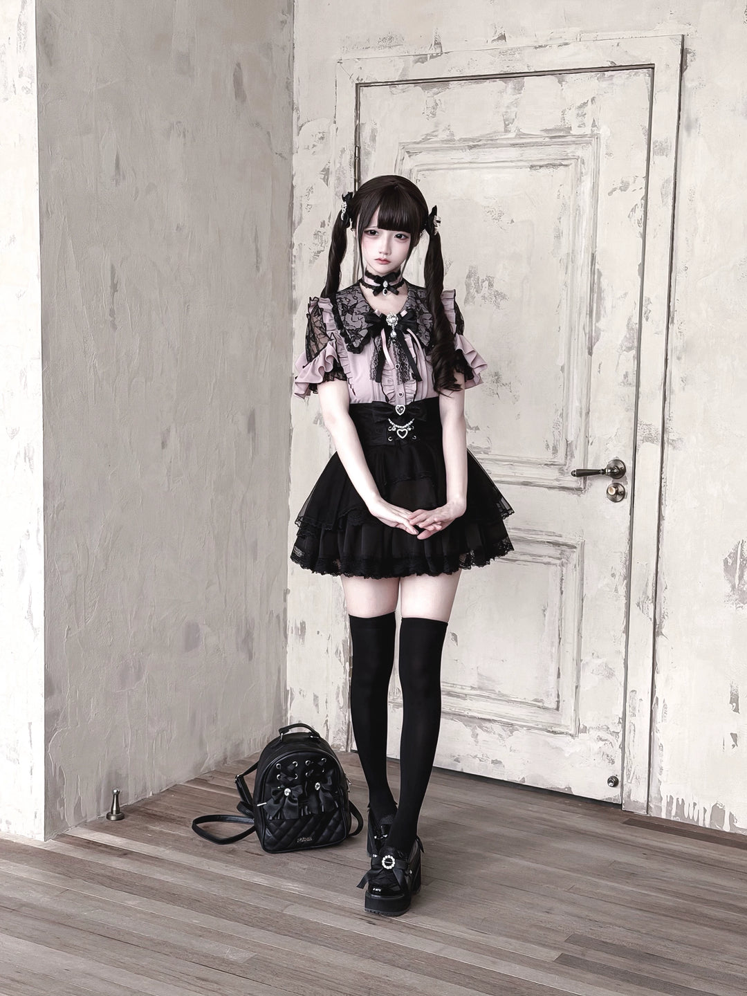 Jirai Kei Lace Sleeve Blouse, Ruffle Details 45194:841366