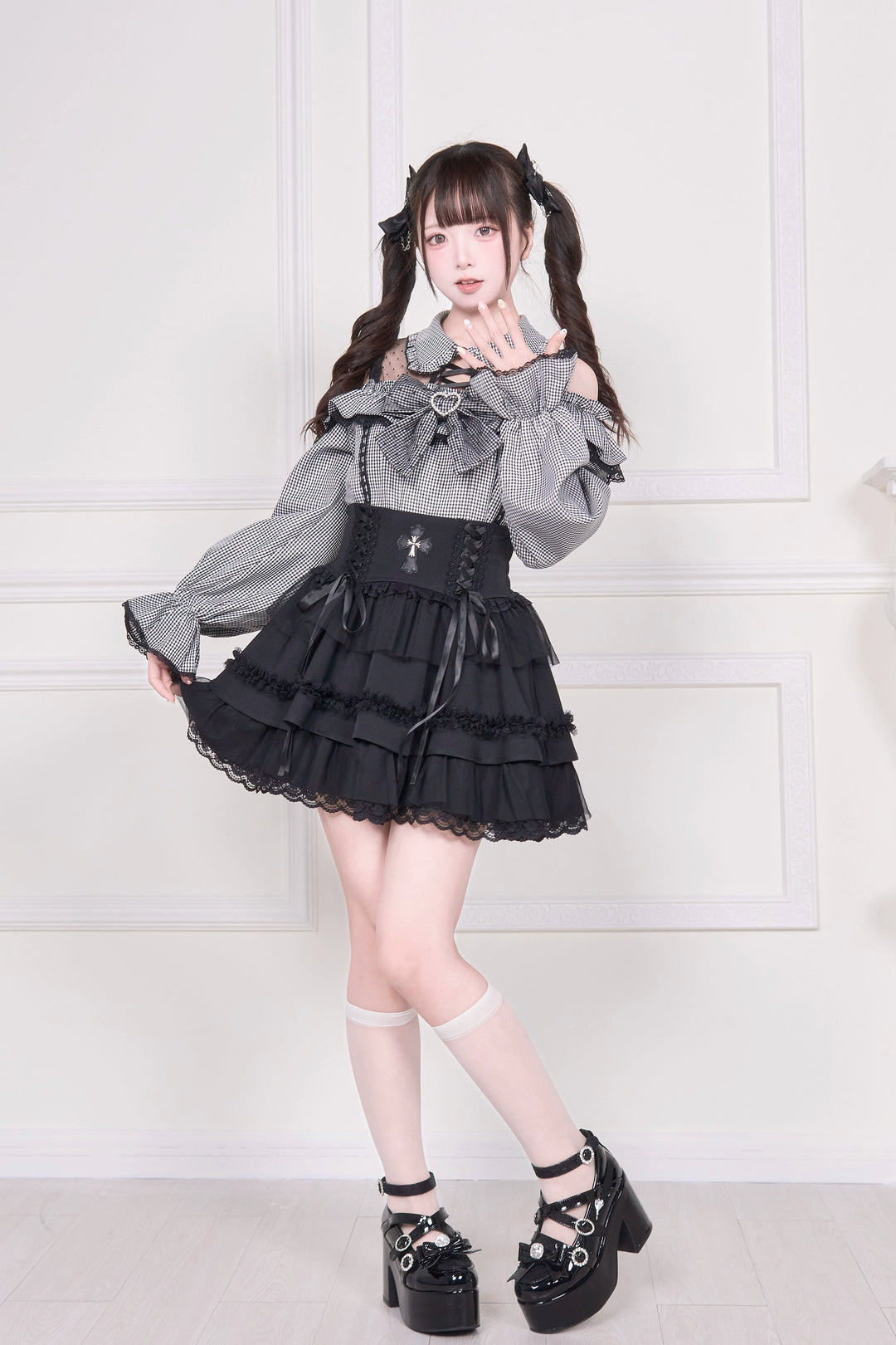 Sheer Open Shoulder Jirai Kei Blouse, Chest Flounce Hem 43682:782672