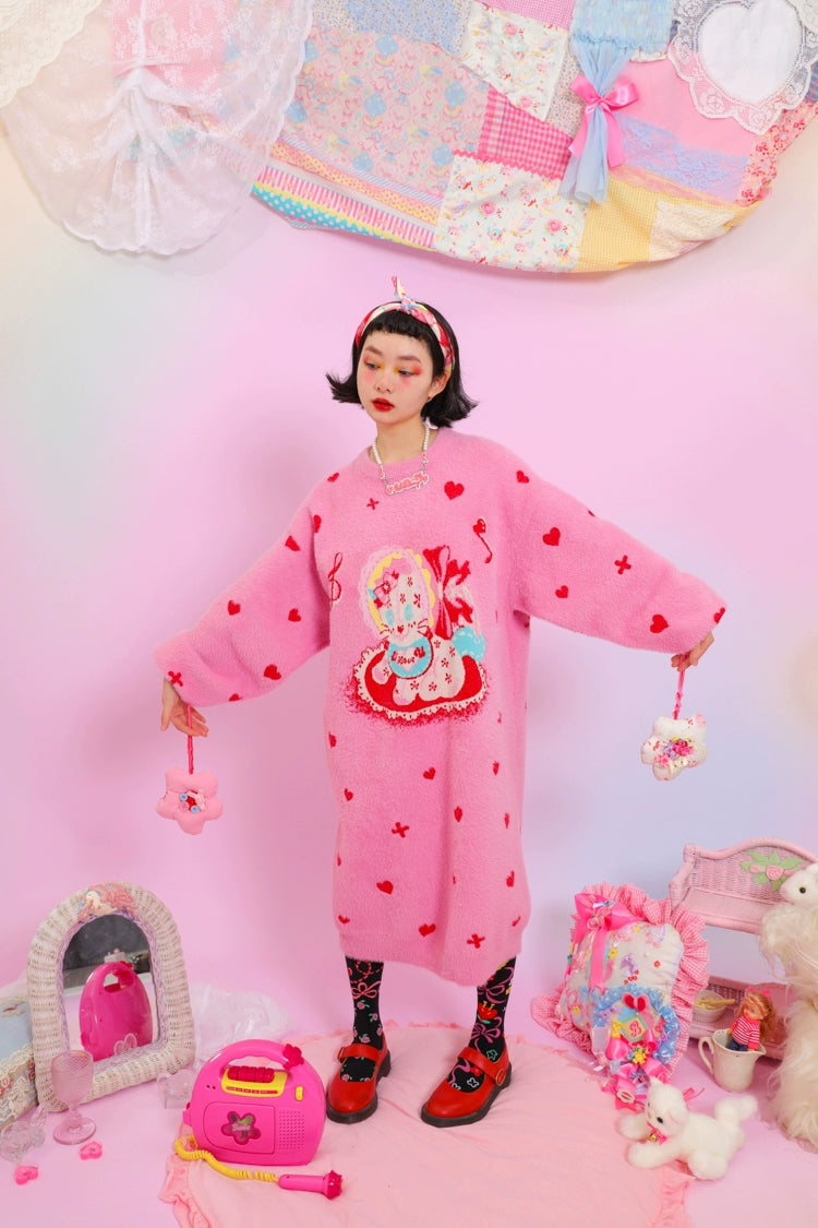 Kawaii Pink Sweater Dress Fluffy Dress With Heart Cat Patterns 31508:367802 31508:367802