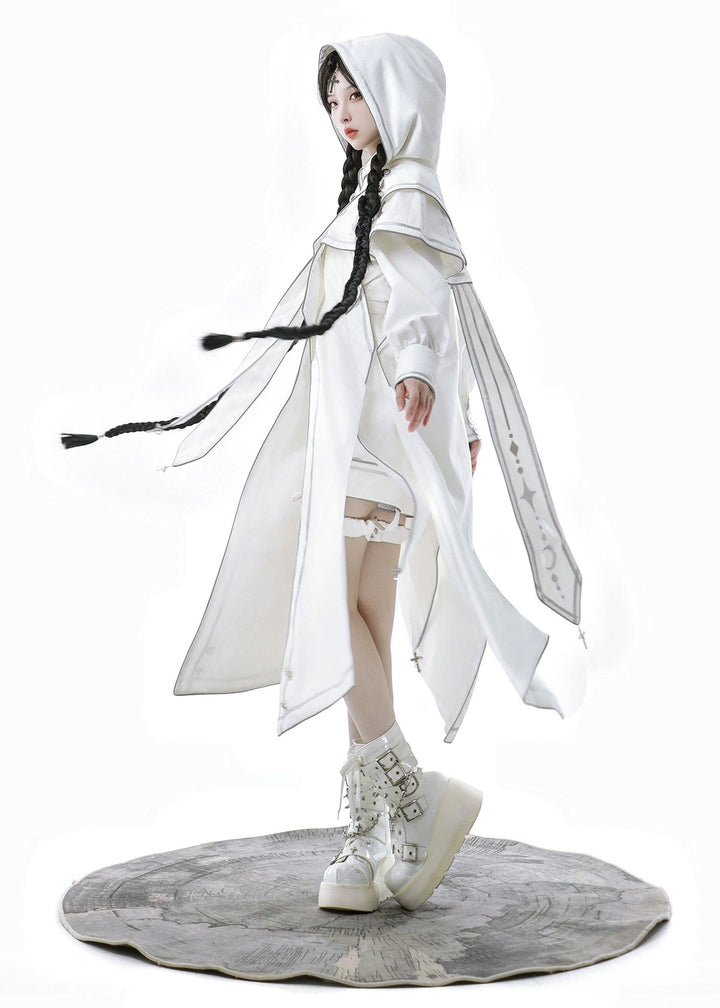 Cyberpunk Cloak Set White Hooded Cloak Top And Shorts 38820:602068