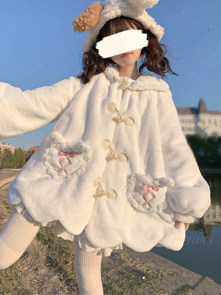 Sweet Lolita Coat White Plush Bunny Ear Winter Coat 40294:678420