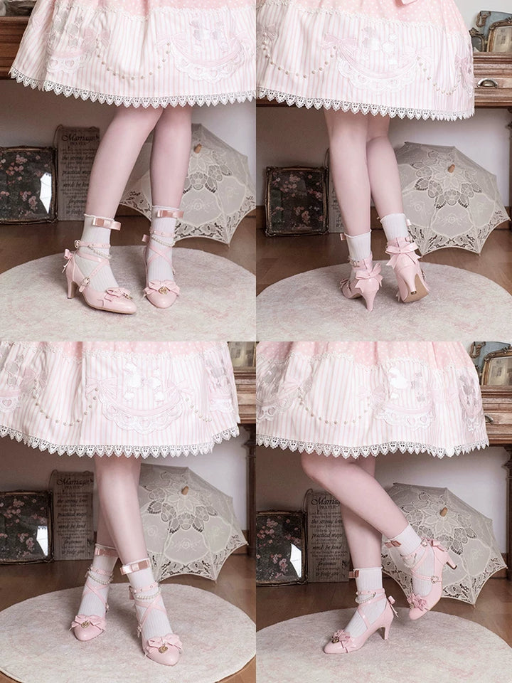 Classic Lolita Pointed Toe High Heels, Pearl-Like & Rhinestone 45841:864857