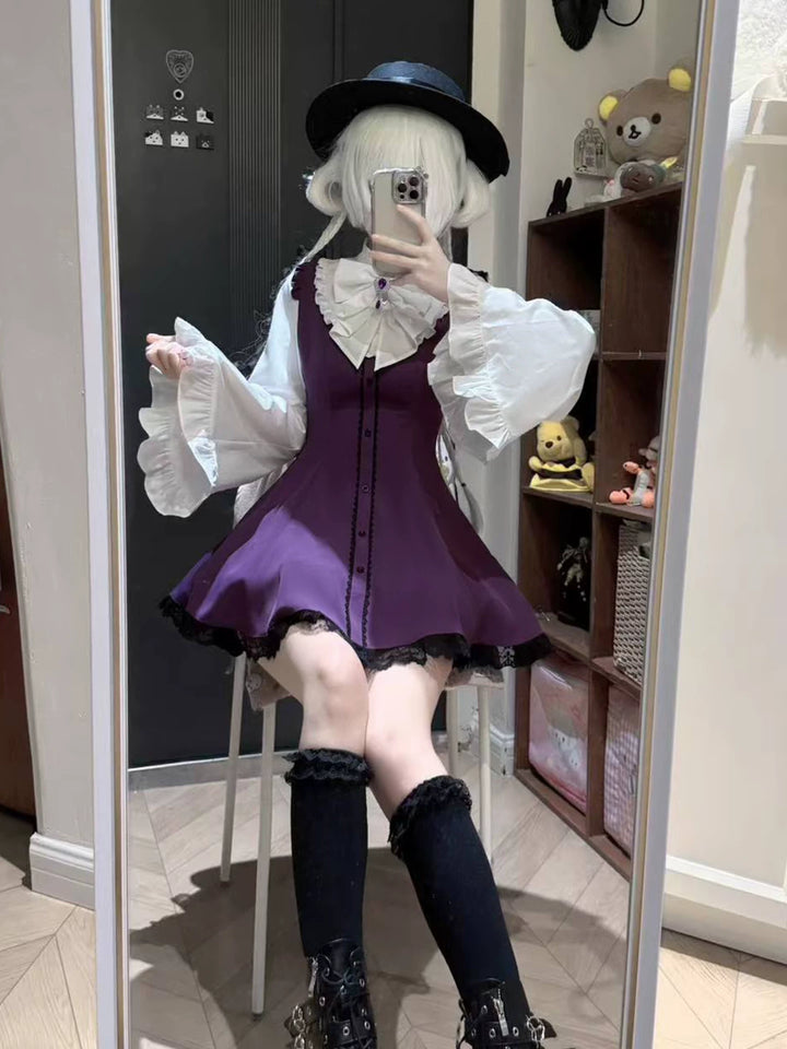 Flared Sleeves Jirai Kei Dress, Rhinestone Bow 44951:831285