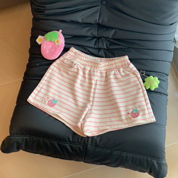 Summer Kawaii Striped Shorts, Strawberry Embroidery 45641:856692
