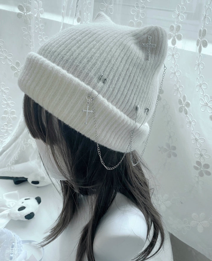 Jirai Kei Harajuku Fashion Cross Chain Knit Cat Ear Hat 21666:311342 21666:311342