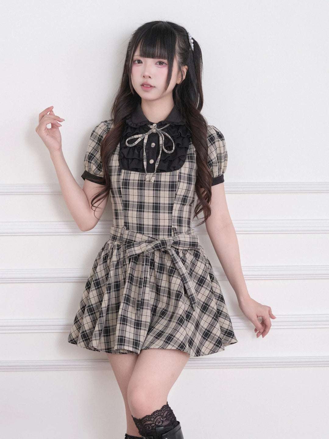 Summer Jirai Kei Plaid Dress, Layered Ruffle Chest 45197:839831