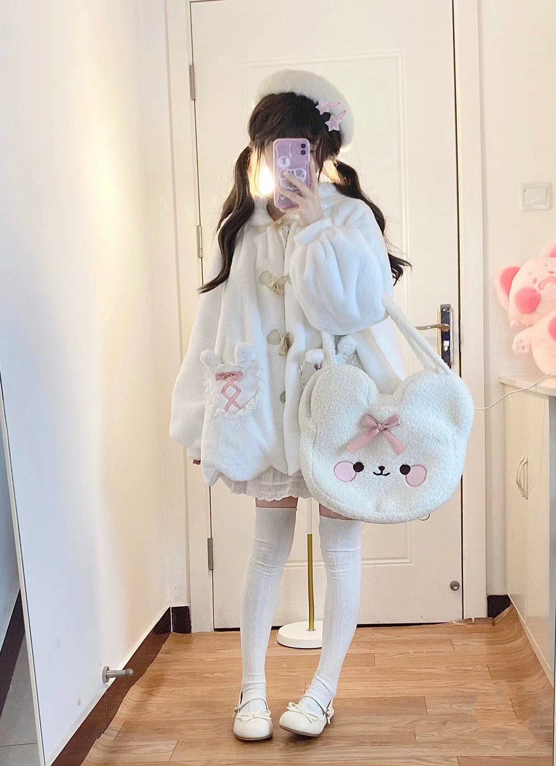 Sweet Lolita Coat White Plush Bunny Ear Winter Coat 40294:678430