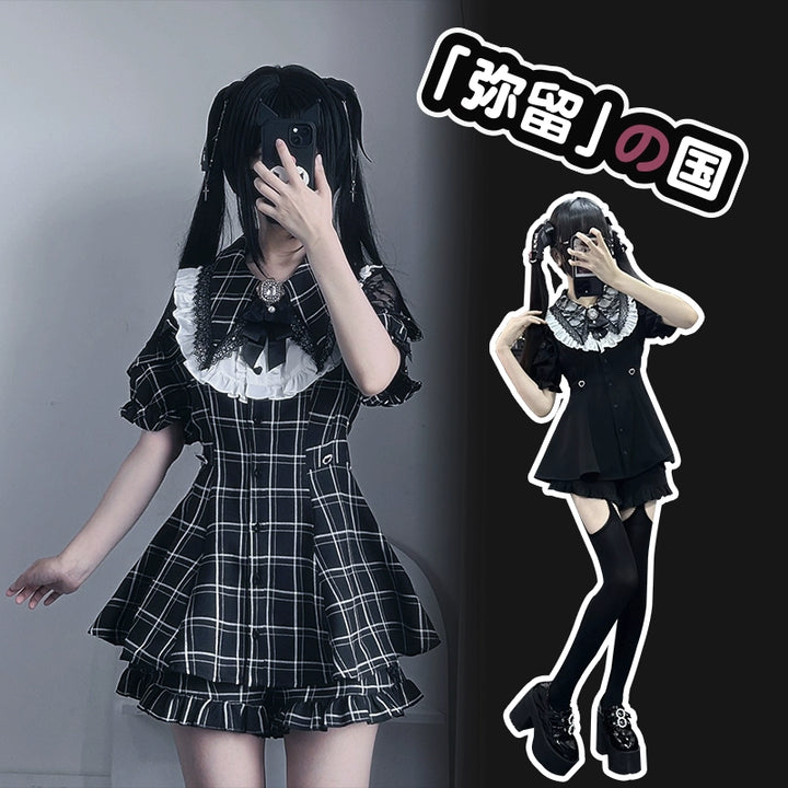 Jirai Kei Dress Set Black Plaid Dress With Puritan Collar 39506:635860