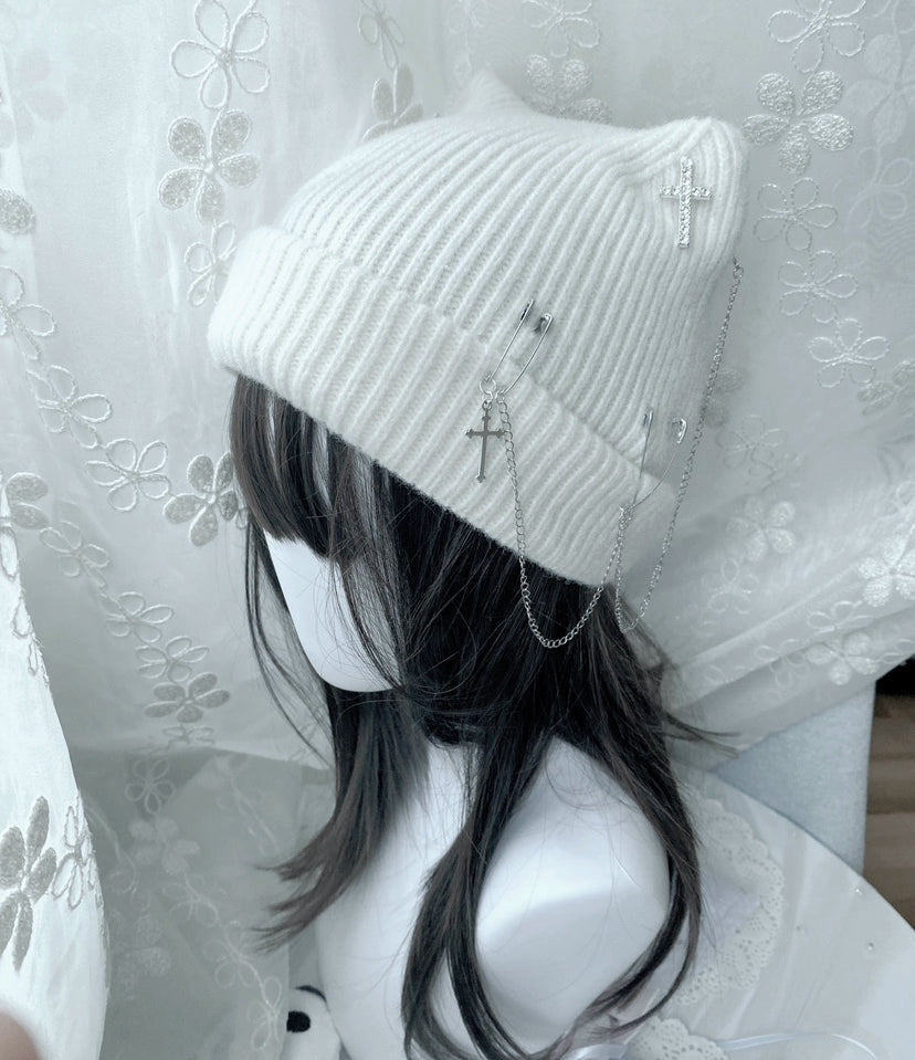 Jirai Kei Harajuku Fashion Cross Chain Knit Cat Ear Hat 21666:311360 21666:311360