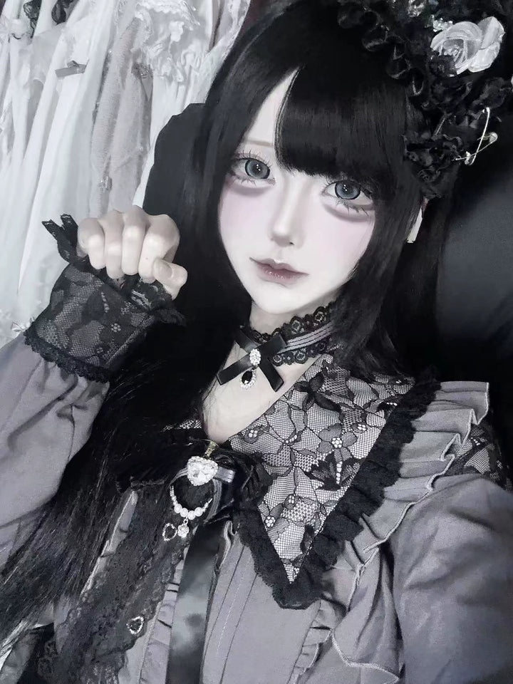 Jirai Kei Long Sleeve Blouse, Lace Open-Shoulder 44588:815025