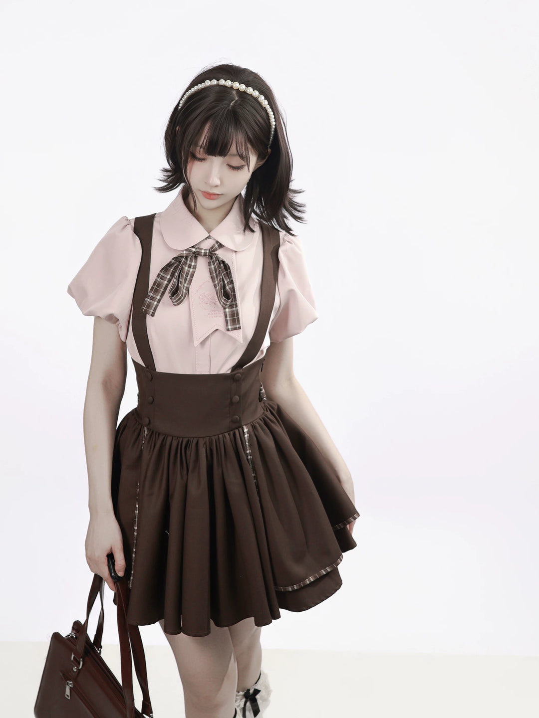Academia Bubble Sleeve Blouse, Elastic Waist Suspender Skirt 45875:866353