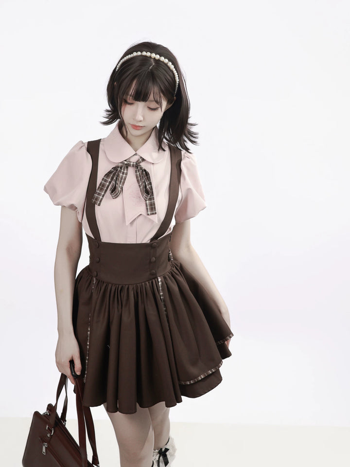 Academia Bubble Sleeve Blouse, Elastic Waist Suspender Skirt 45875:866353