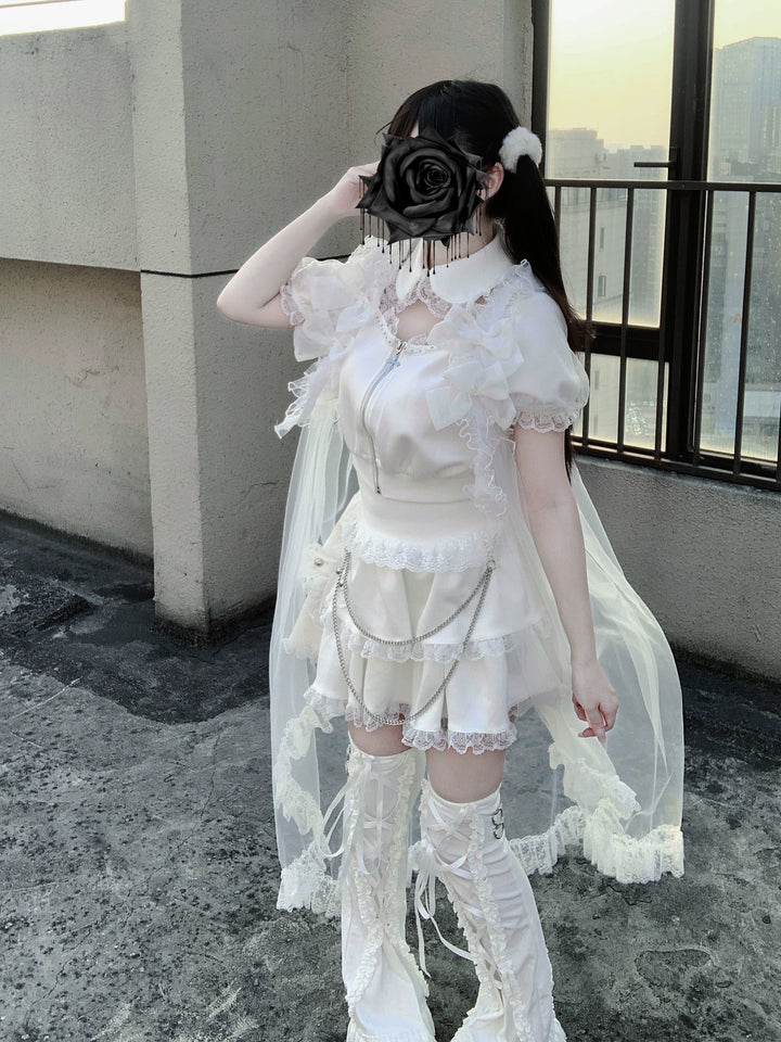 Jirai Kei Skirt & Zip-up Top, Tulle Vest 45009:838772