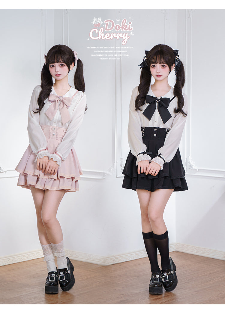 Jirai Kei Outfit A-Line Skirt and Long-Sleeved Blouse with Rhinestone Bow 42520:744262