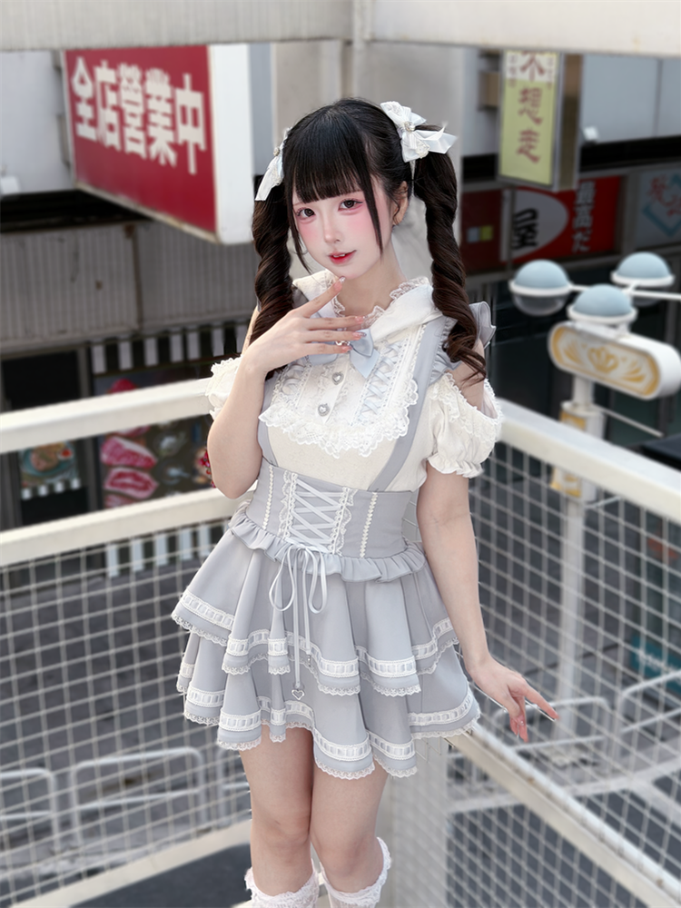 Ryousangata Bunny Ear Hooded Blouse, Tiered Suspender Skirt 45575:858421